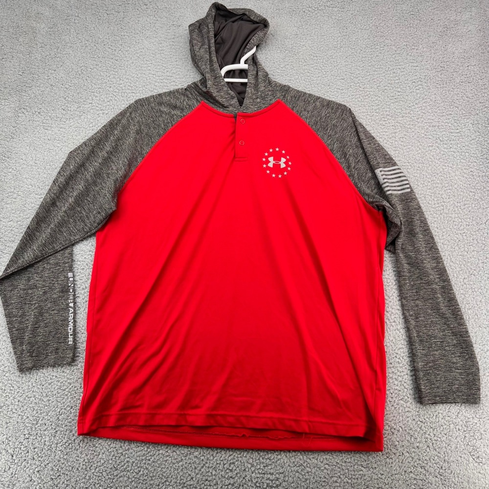 Under Armour Mens XL Freedom Hoodie Red Grey Henley Raglan American Flag Shirt